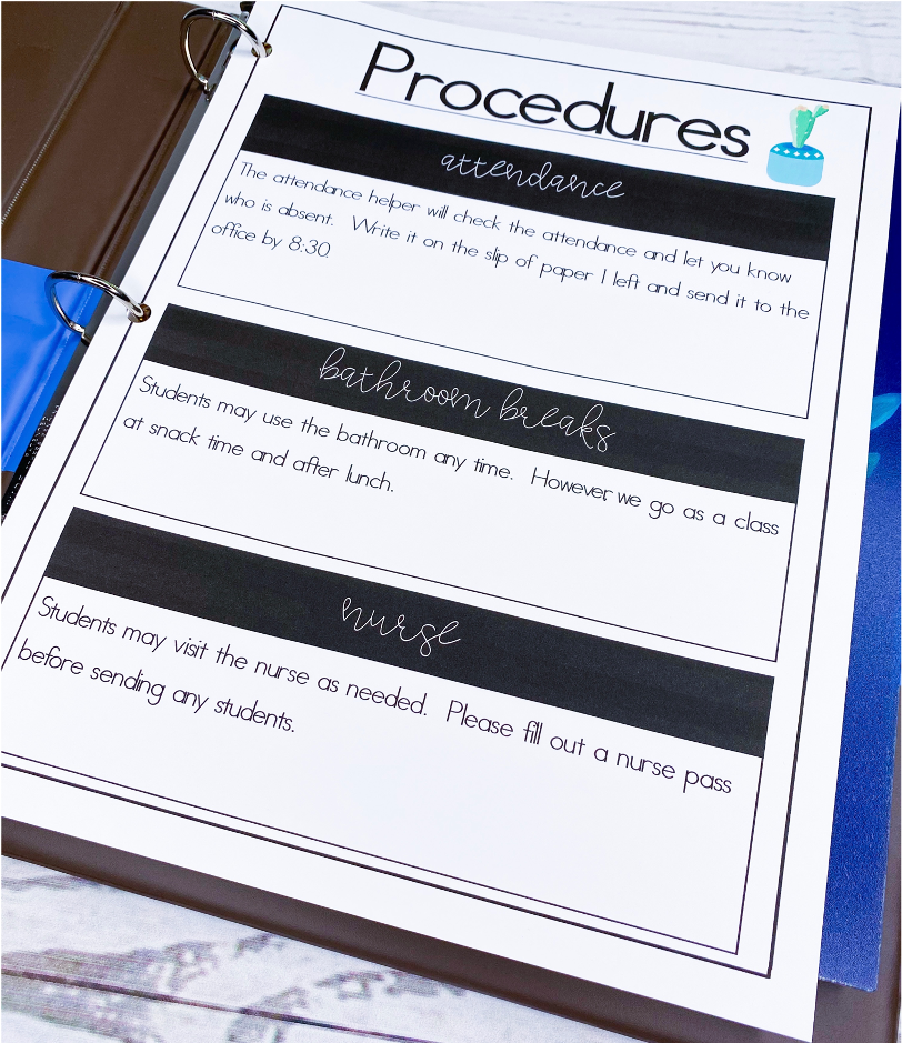 Image shows a substitute binder filled out with pertinent information for the substitute teacher