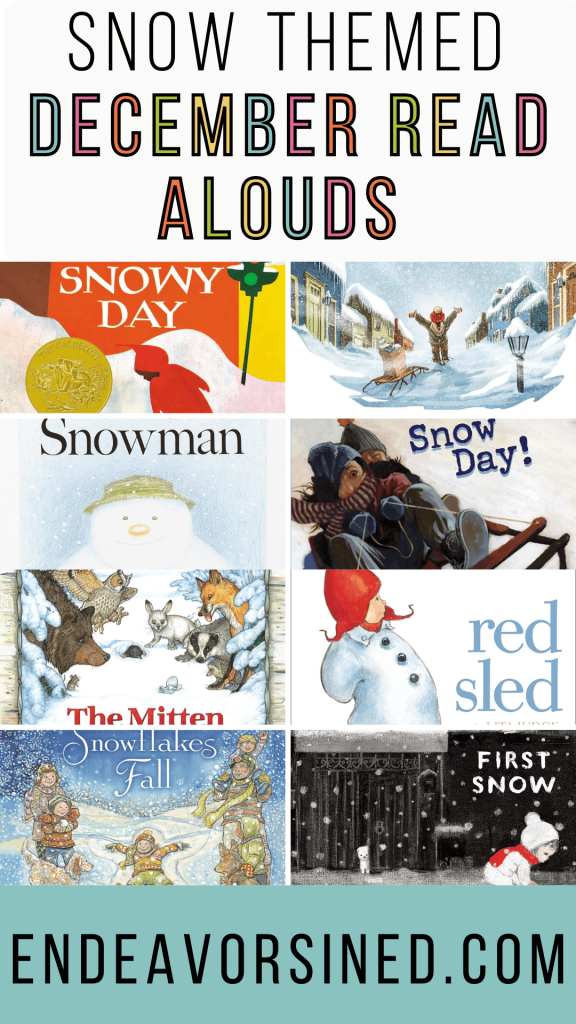 Snow themed December read alouds pinterest pin has book cover images in a collage