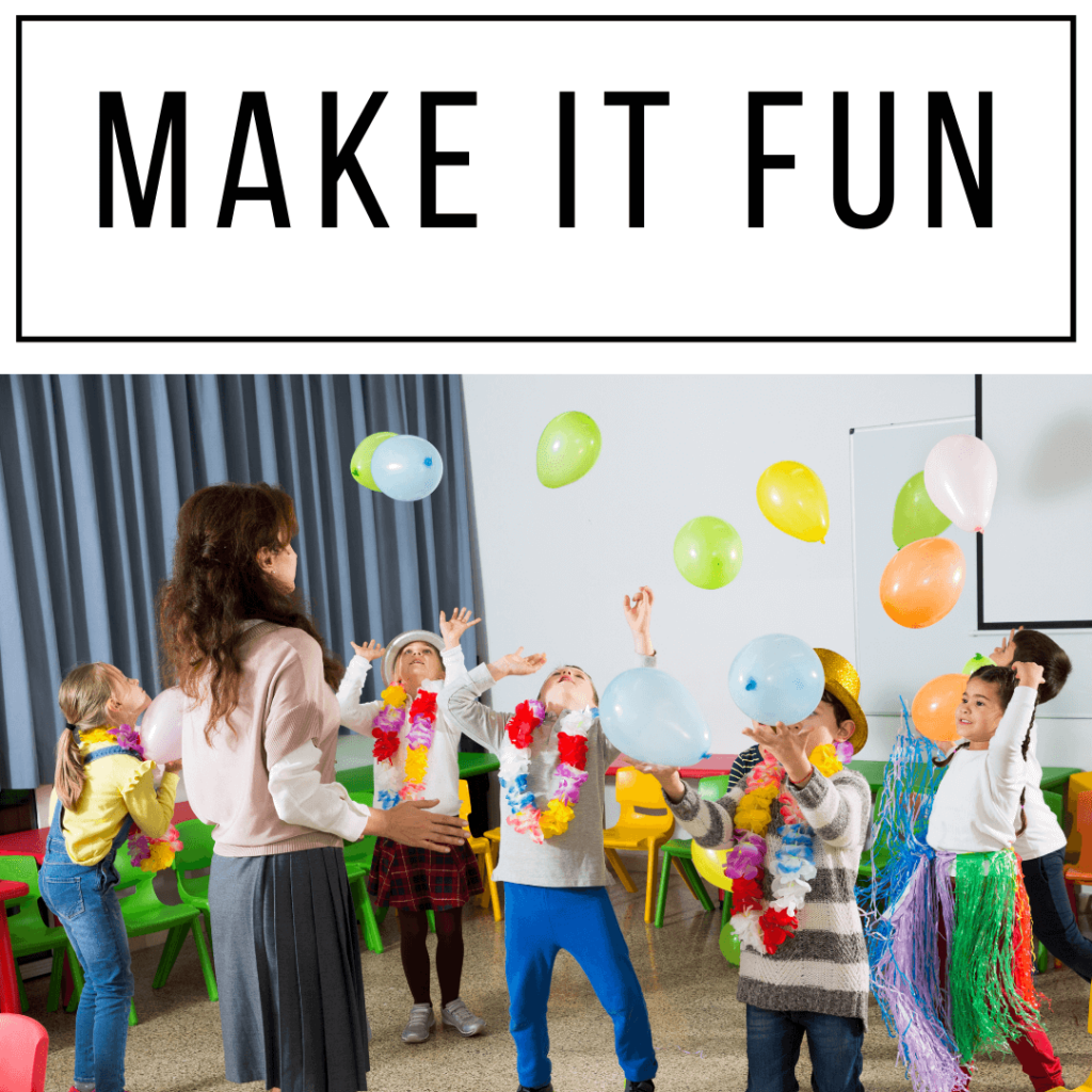 Writing tip 3 make it fun shows a teacher and students wearing leis and throwing balloons into the air