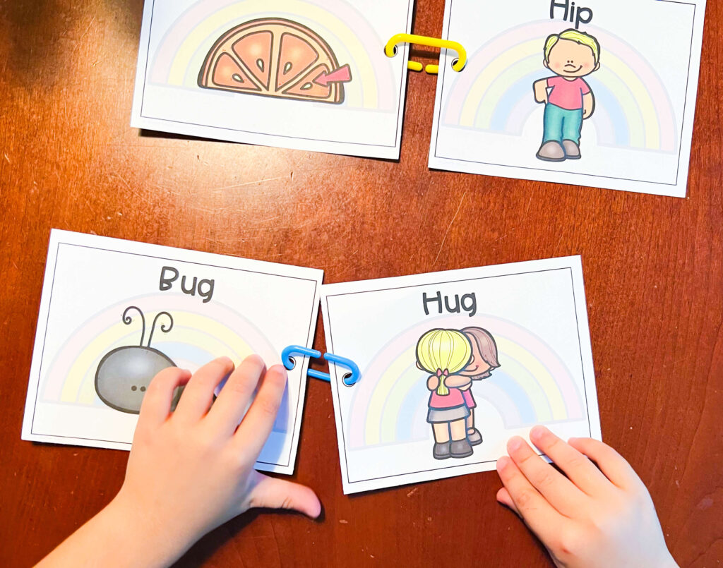 The image shows rhyming word cards linked together