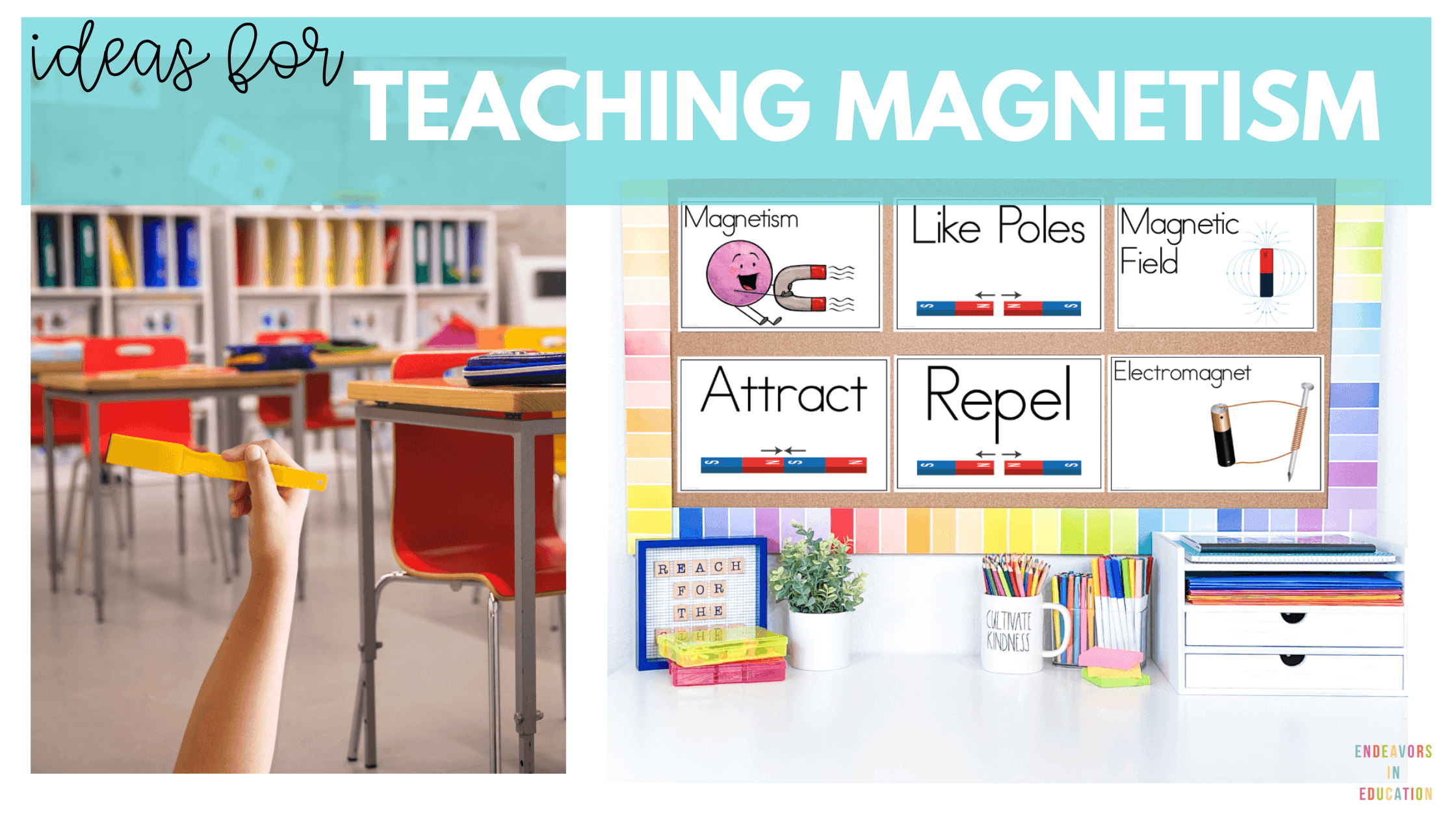 Image test says "ideas for teaching magnetism" at the top. There are two images within. The image to the left shows a child's hand holding a handheld magnet in an elementary classroom. The image on the right shows a bulletin board for vocabulary for teaching magnetism