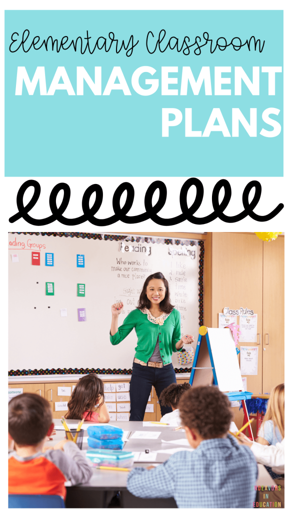 elementary classroom management plans pinterest pin shows a teacher in front of her students teaching.  The students are attentive and focused