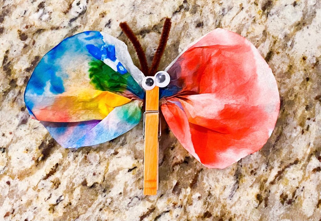 The image shows a butterfly craft.  The butterfly is made out of a clothespin, coffee filter, googly eyes, and pipe cleaners.