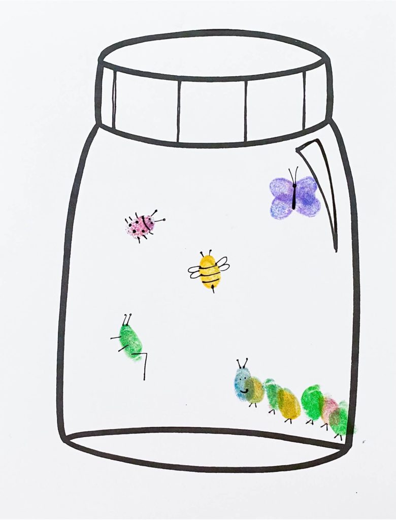 The image shows fingerprint bugs.  The bugs are in a jar and the fingerprints have been turned into different bugs.