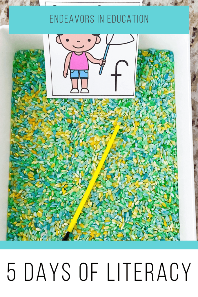 Literacy insect activities for preschoolers Pinterest pin shows a rice bin with letter cards for tracing.