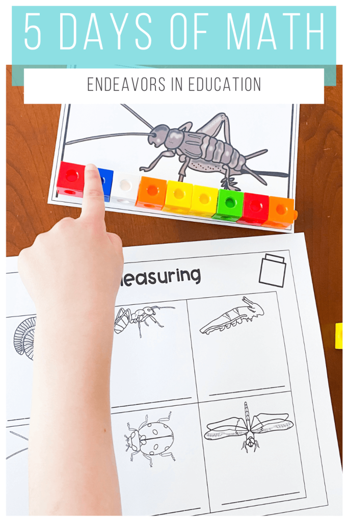 Math insect activities for preschoolers has an image of a math activity where a child is counting colorful blocks alongside an insect