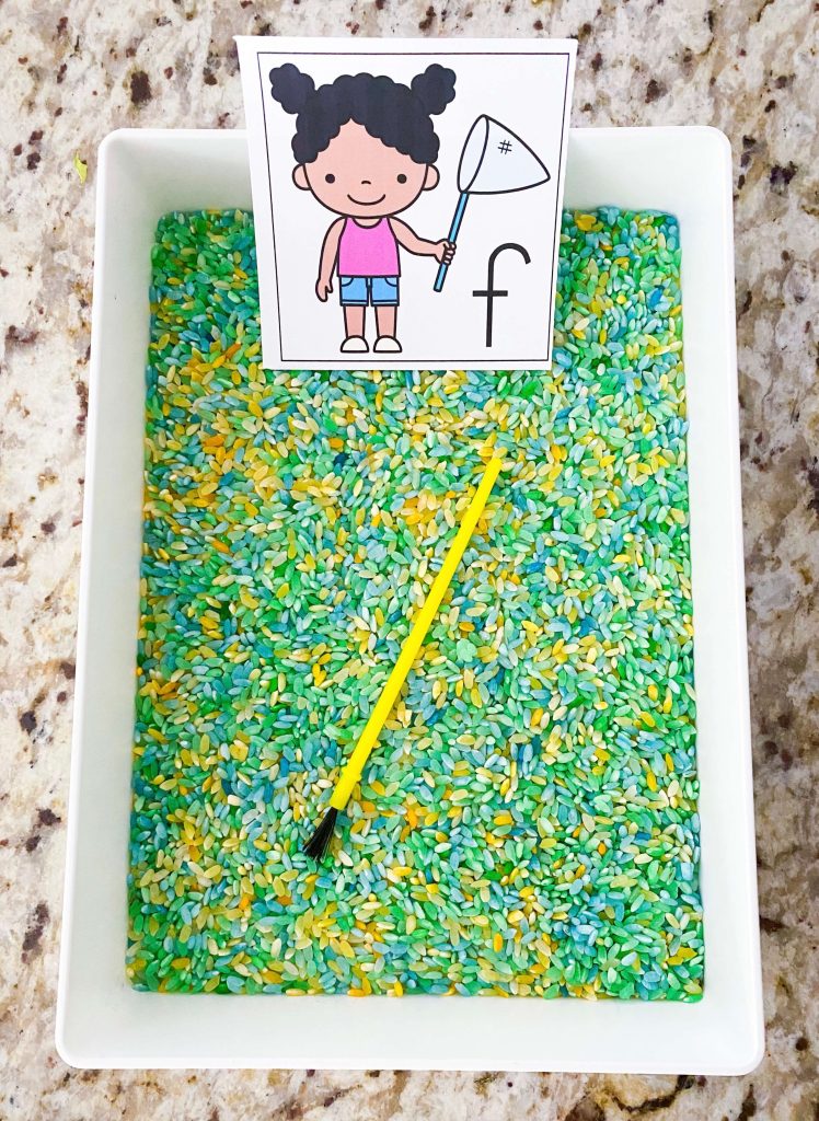 This image shows a rice tray filled with colored rice.  The letter F card is in the tray and a paintbrush is laid across so that students can use it to write the letter in the rice.