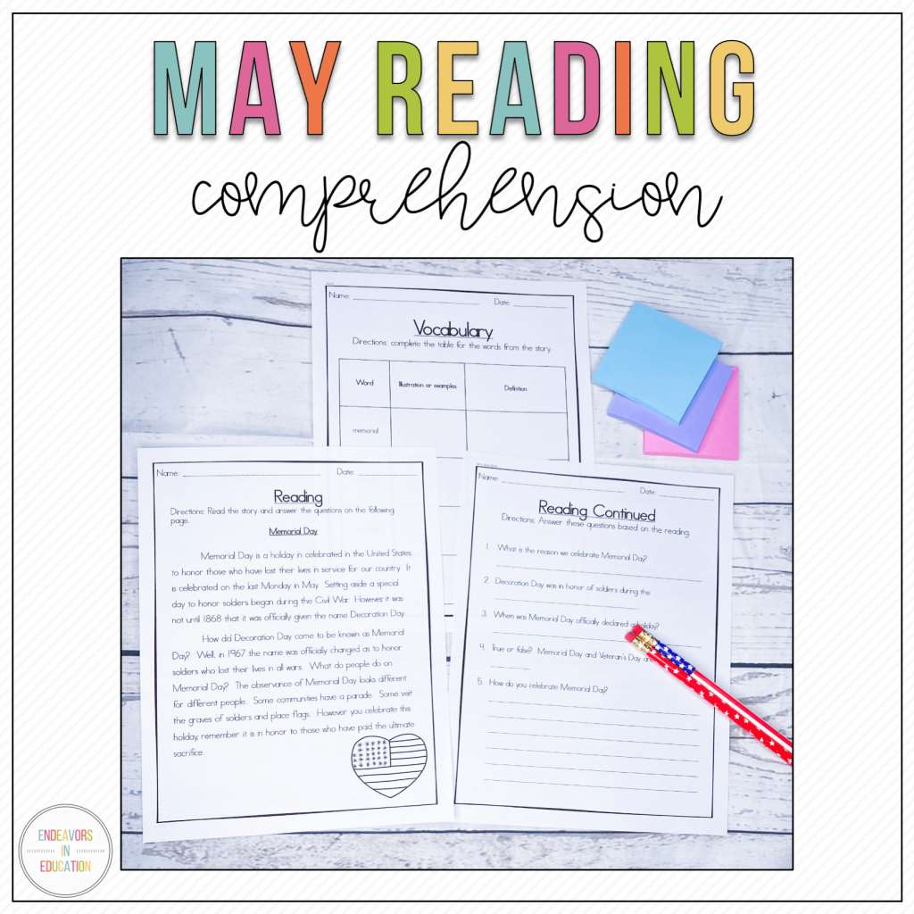 This image shows a May Reading Comprehension passage.  The passage on the cover is a Memorial Day reading and comprehension questions.  Vocabulary is also included.