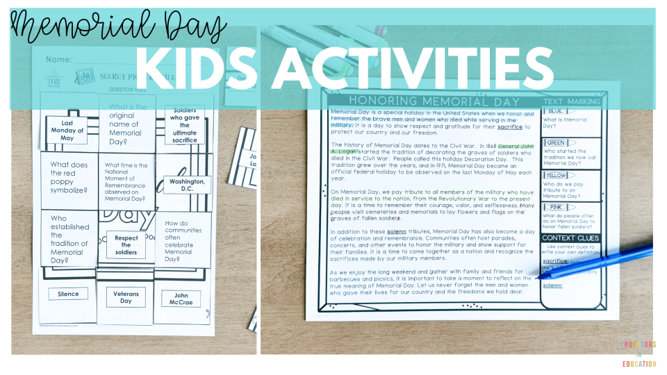 Memorial Day Kids Activities blog header shows two Memorial Day activities