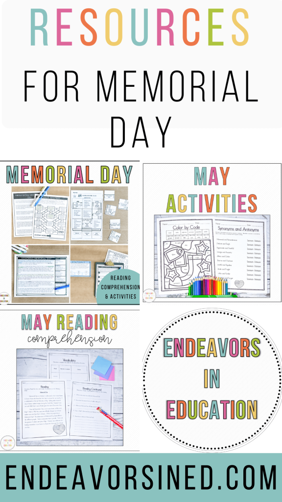 This Pinterest pin image says resources for Memorial Day and there are 3 Memorial Day activities and the Endeavors in Education logo.