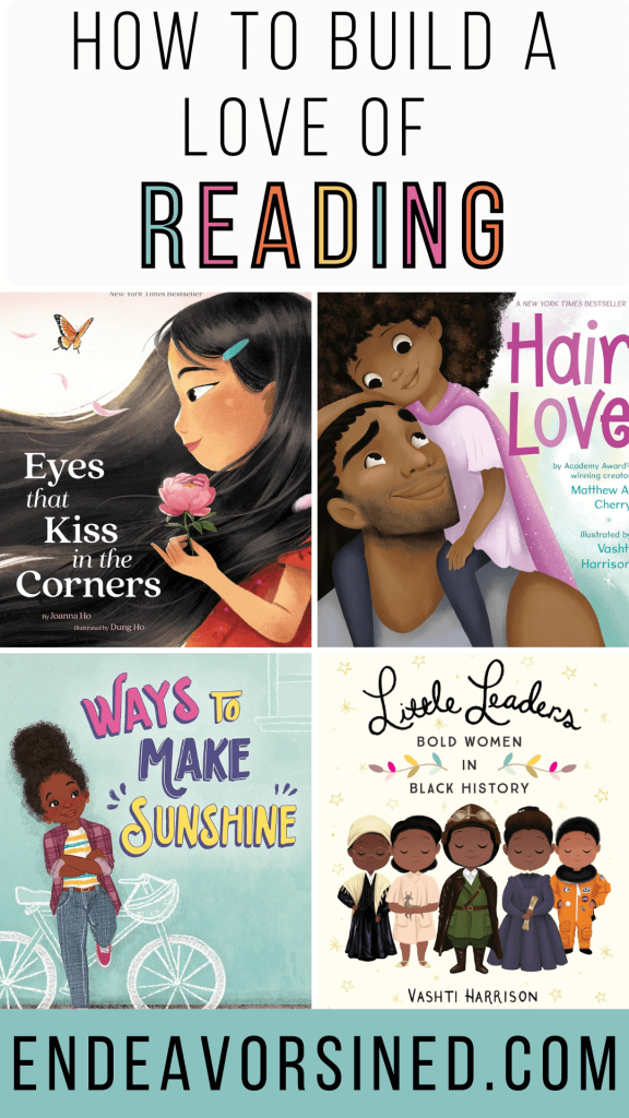 How to build a love of reading Pinterest pin shows 4 images of book covers.