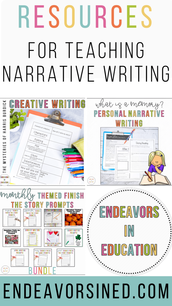 The Pinterest pin image shows 3 cover images for teaching narrative writing.