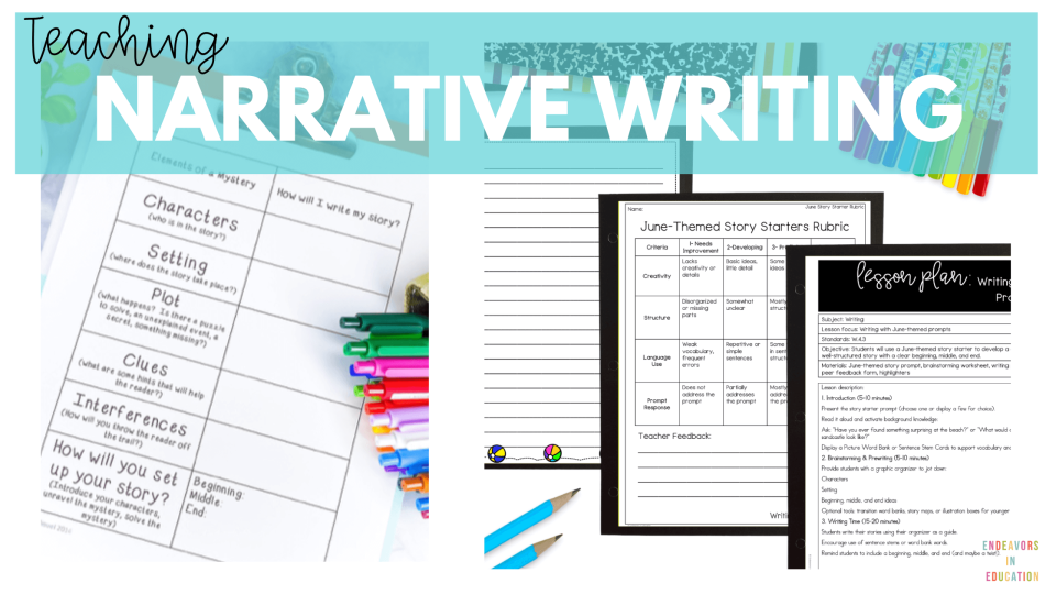 The header says teaching narrative writing and shows 2 writing assignments