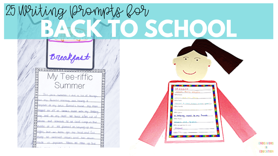 25 Writing Prompts for back to school and the images shown are a tee-shirt writing prompt and biopoem for back to school