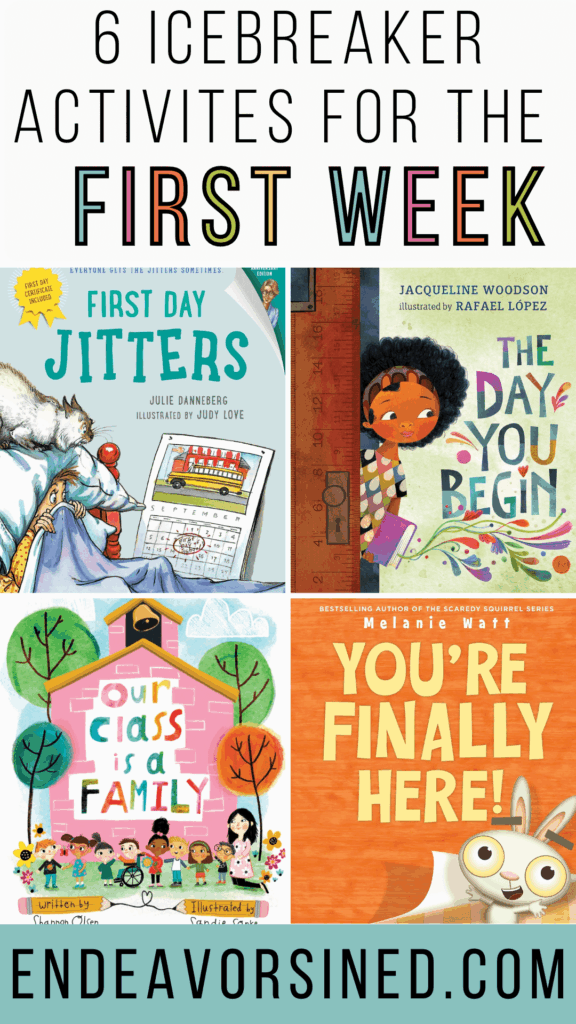 The pinterest pin says 6 icebreaker activities for the first week and there is a collage of 4 book covers from the blog post.