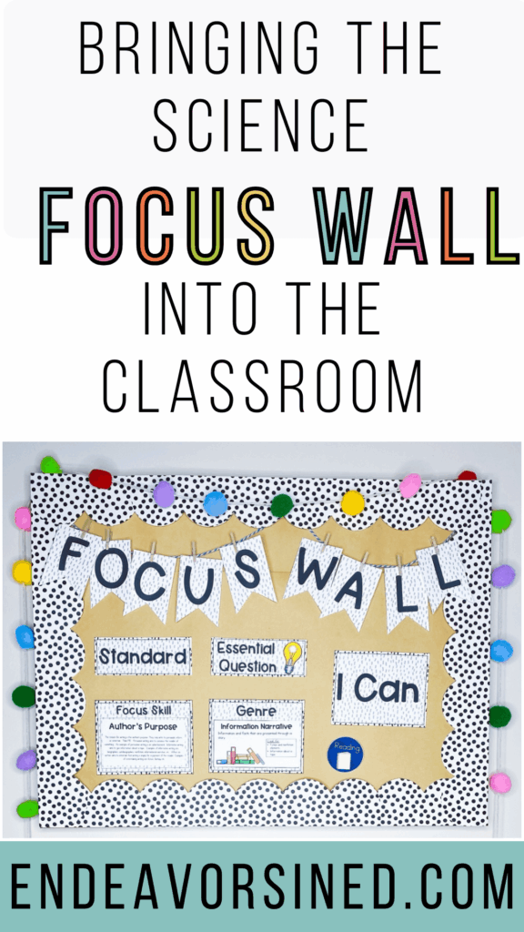 The Pinterest pin text says bringing the science focus wall into the classroom and the image below the text shows a completed focus wall.