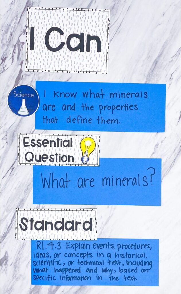 This close up of the focus wall shows the I can statement, essential question, and standards.
